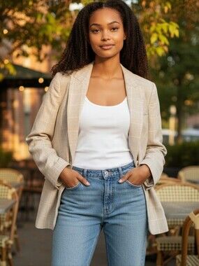 Madewell Linen Cotton Blazer Brown Plaid Lined One Button Pockets Sized 0
